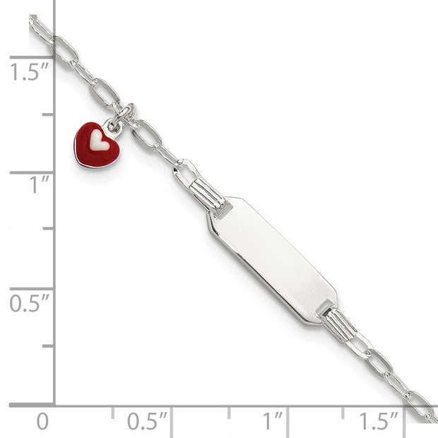 Sterling Silver Polished Red and White Enameled Heart Charm with extension Childrens ID Bracelet