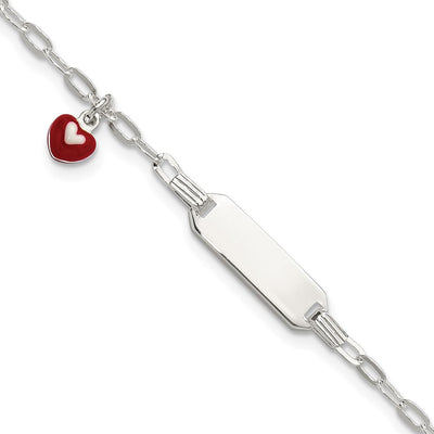Sterling Silver Polished Red and White Enameled Heart Charm with extension Childrens ID Bracelet