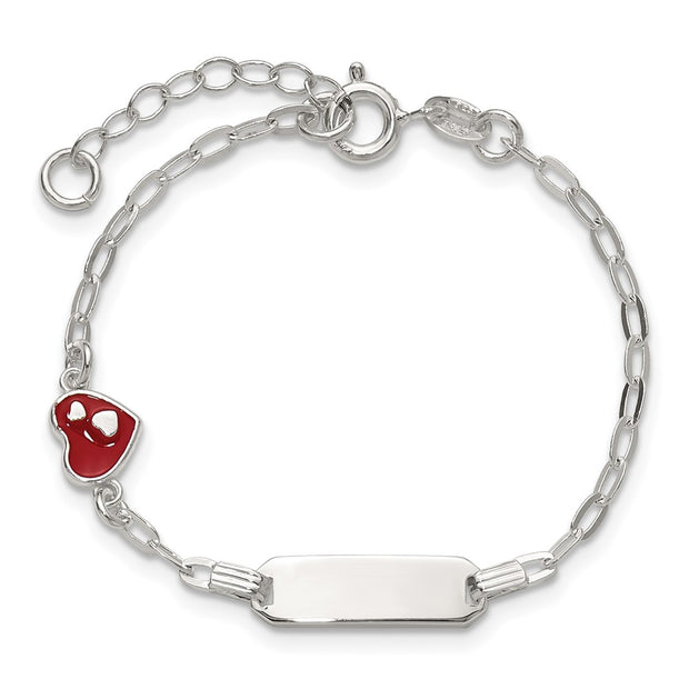 Sterling Silver Polished Red and White Enameled Heart with extension Childrens ID Bracelet