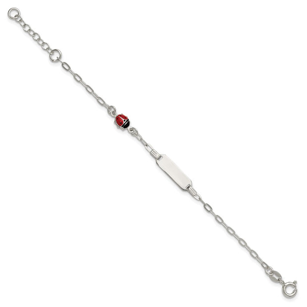 Sterling Silver Polished Red and Black Enameled Ladybug with extension Childrens ID Bracelet