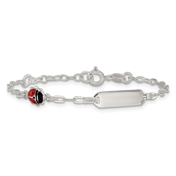 Sterling Silver Polished Red and Black Enameled Ladybug with extension Childrens ID Bracelet