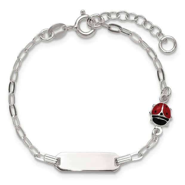 Sterling Silver Polished Red and Black Enameled Ladybug with extension Childrens ID Bracelet