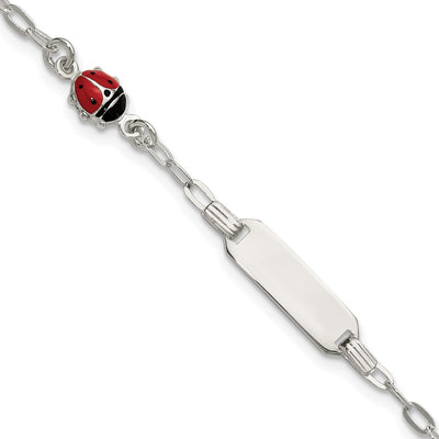 Sterling Silver Polished Red and Black Enameled Ladybug with extension Childrens ID Bracelet