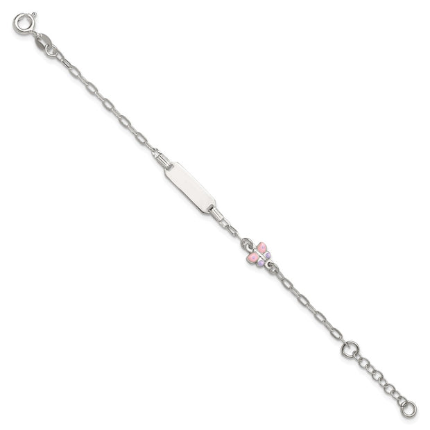 Sterling Silver Polished Pink and Purple Enameled Butterfly with extension Childrens ID Bracelet