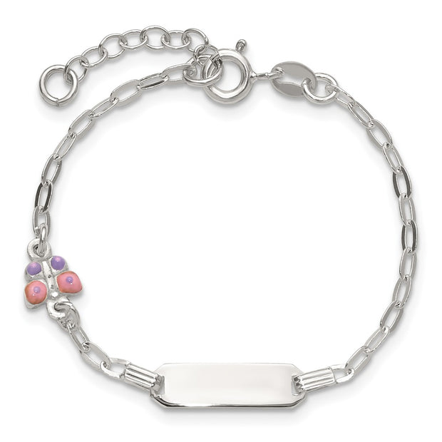 Sterling Silver Polished Pink and Purple Enameled Butterfly with extension Childrens ID Bracelet