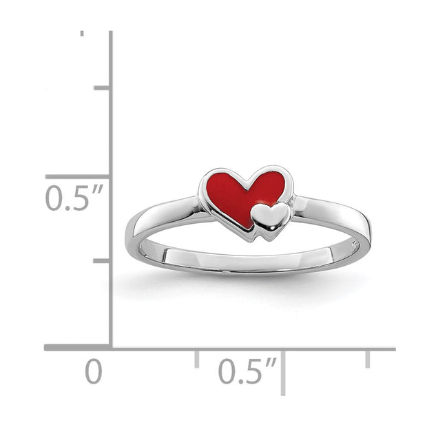 Sterling Silver RH-plated Red Enameled Double Heart Children's Ring