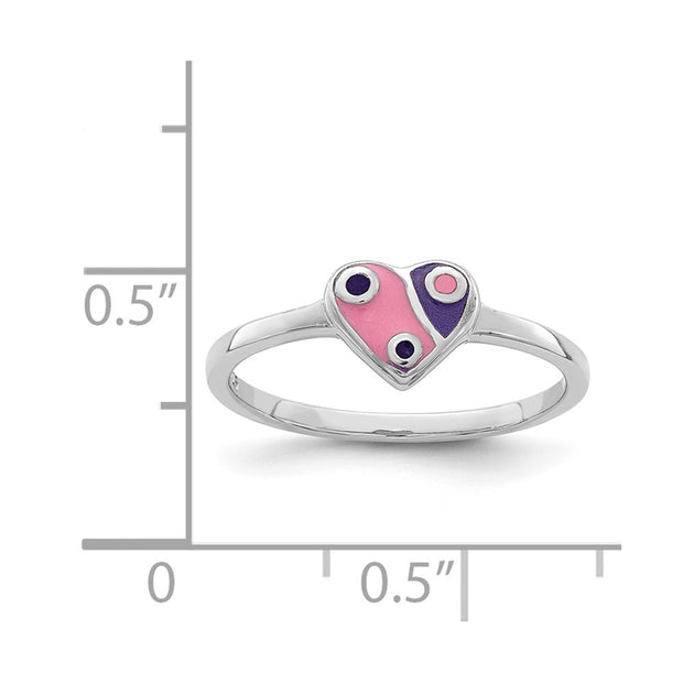 Sterling Silver RH-plated Pink & Purple Enameled Heart Children's Ring