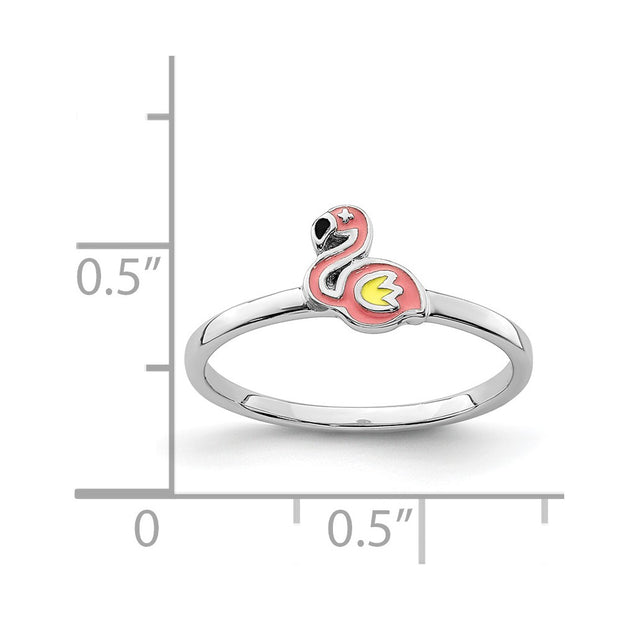 Sterling Silver Rhodium-plated Multi-color Enameled Flamingo Children's Ring