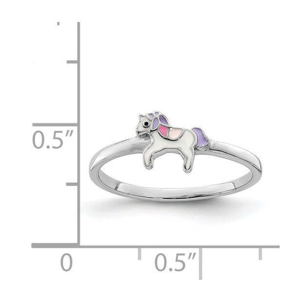 Sterling Silver RH-plated Multi-color Enameled Unicorn Children's Ring
