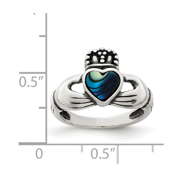 Sterling Silver Antiqued Abalone Inlay and Black Enamel Claddagh Ring