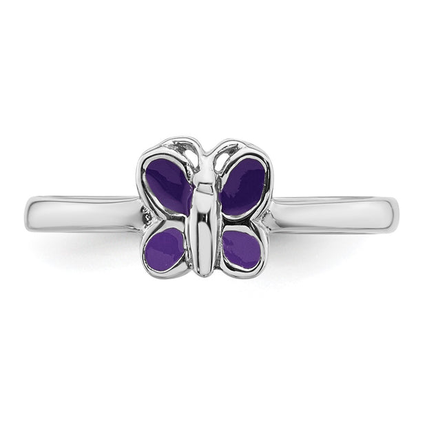 Sterling Silver Rhodium-plated Children's Purple Enamel Butterfly Ring