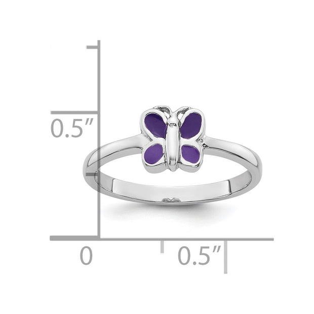 Sterling Silver Rhodium-plated Children's Purple Enamel Butterfly Ring