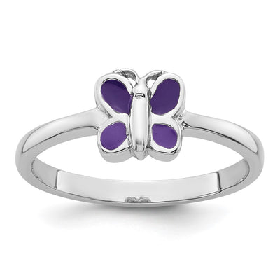 Sterling Silver Rhodium-plated Children's Purple Enamel Butterfly Ring