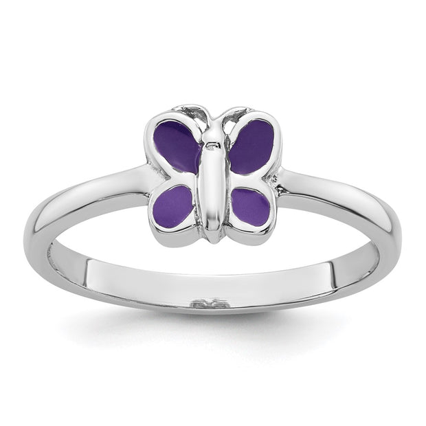 Sterling Silver Rhodium-plated Children's Purple Enamel Butterfly Ring