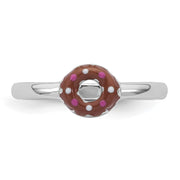 Sterling Silver Rhodium-plated Children's Brown with Pink and White Enamel Sprinkled Donut Ring