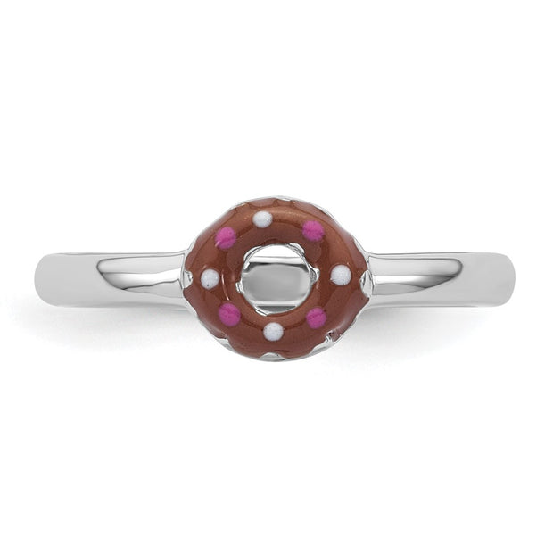 Sterling Silver Rhodium-plated Children's Brown with Pink and White Enamel Sprinkled Donut Ring