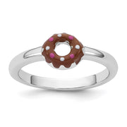 Sterling Silver Rhodium-plated Children's Brown with Pink and White Enamel Sprinkled Donut Ring