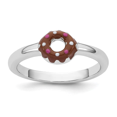 Sterling Silver Rhodium-plated Children's Brown with Pink and White Enamel Sprinkled Donut Ring