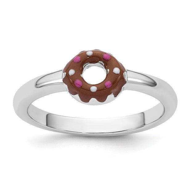 Sterling Silver Rhodium-plated Children's Brown with Pink and White Enamel Sprinkled Donut Ring