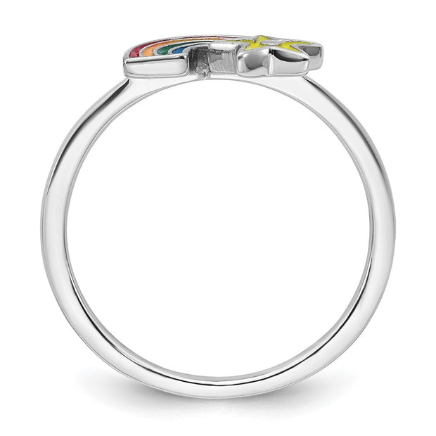 Sterling Silver Rhodium-plated Children's Multicolored Enameled Rainbow with Star Ring