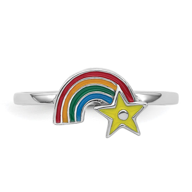 Sterling Silver Rhodium-plated Children's Multicolored Enameled Rainbow with Star Ring