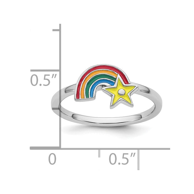 Sterling Silver Rhodium-plated Children's Multicolored Enameled Rainbow with Star Ring