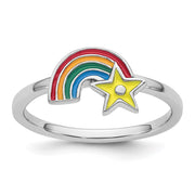 Sterling Silver Rhodium-plated Children's Multicolored Enameled Rainbow with Star Ring