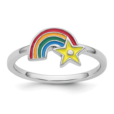 Sterling Silver Rhodium-plated Children's Multicolored Enameled Rainbow with Star Ring
