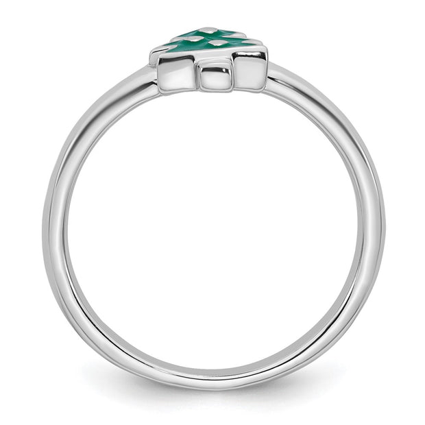 Sterling Silver Rhodium-plated Children's Green Enamel Christmas Tree with Hearts Ring