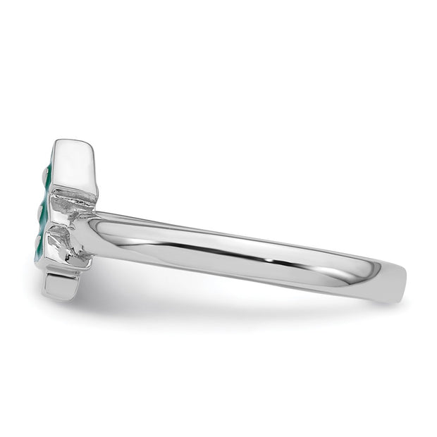 Sterling Silver Rhodium-plated Children's Green Enamel Christmas Tree with Hearts Ring