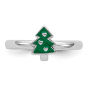 Sterling Silver Rhodium-plated Children's Green Enamel Christmas Tree with Hearts Ring