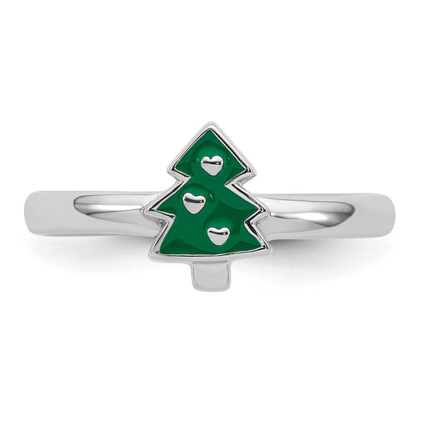 Sterling Silver Rhodium-plated Children's Green Enamel Christmas Tree with Hearts Ring
