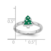 Sterling Silver Rhodium-plated Children's Green Enamel Christmas Tree with Hearts Ring