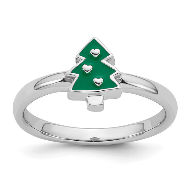 Sterling Silver Rhodium-plated Children's Green Enamel Christmas Tree with Hearts Ring