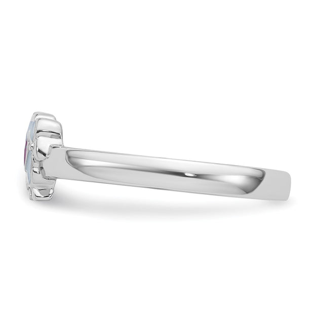 Sterling Silver Rhodium-plated Children's White and Pink Enamel Sheep with Heart Ring