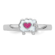 Sterling Silver Rhodium-plated Children's White and Pink Enamel Sheep with Heart Ring