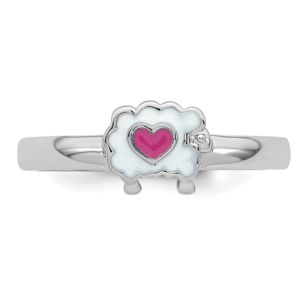 Sterling Silver Rhodium-plated Children's White and Pink Enamel Sheep with Heart Ring