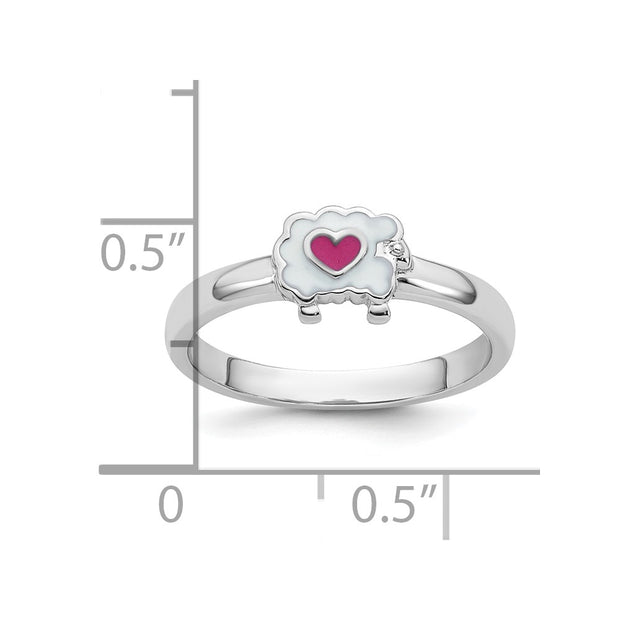 Sterling Silver Rhodium-plated Children's White and Pink Enamel Sheep with Heart Ring