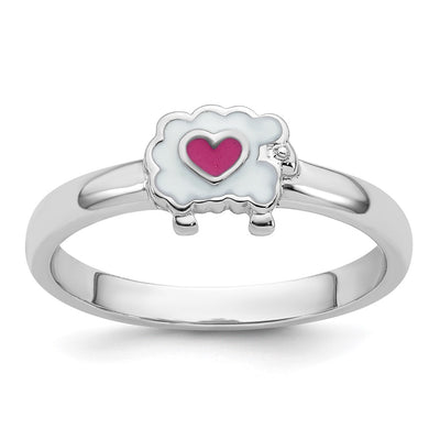 Sterling Silver Rhodium-plated Children's White and Pink Enamel Sheep with Heart Ring