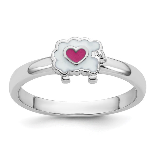 Sterling Silver Rhodium-plated Children's White and Pink Enamel Sheep with Heart Ring