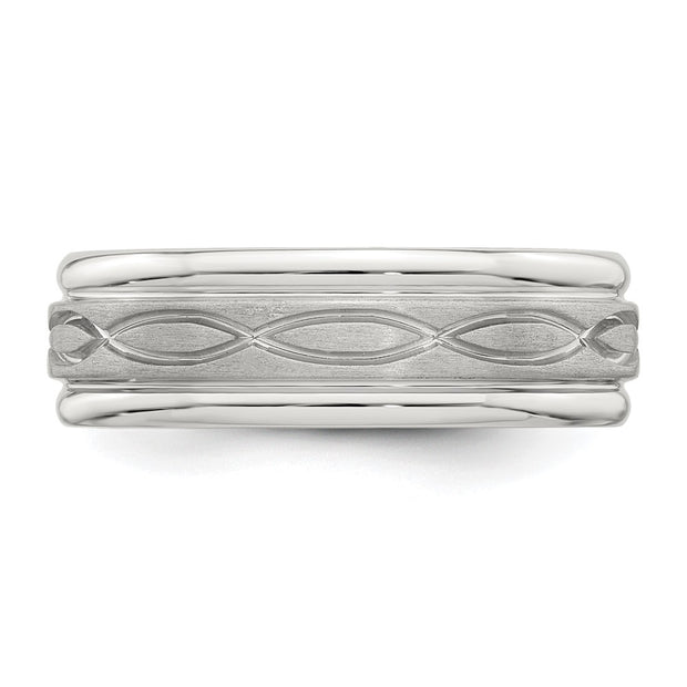 Sterling Silver 7mm Brushed Flat Intertwined Design Beveled Edge Fancy Band