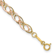 14k Two-tone Polished and Textured Oval Link Bracelet