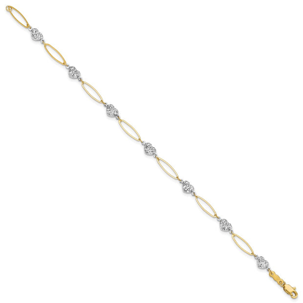 14k Two-tone Diamond-cut Puffed Heart and Flat Oval Link Bracelet