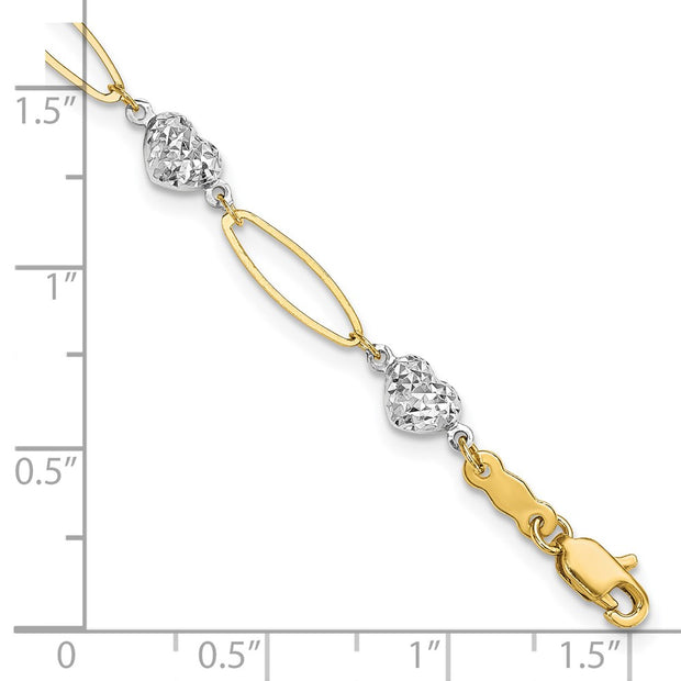 14k Two-tone Diamond-cut Puffed Heart and Flat Oval Link Bracelet