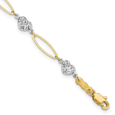 14k Two-tone Diamond-cut Puffed Heart and Flat Oval Link Bracelet