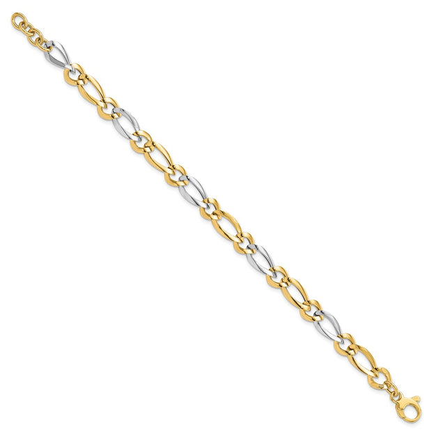 14k Two-Tone Polished 7.3mm Fancy Oval and Round Link Bracelet