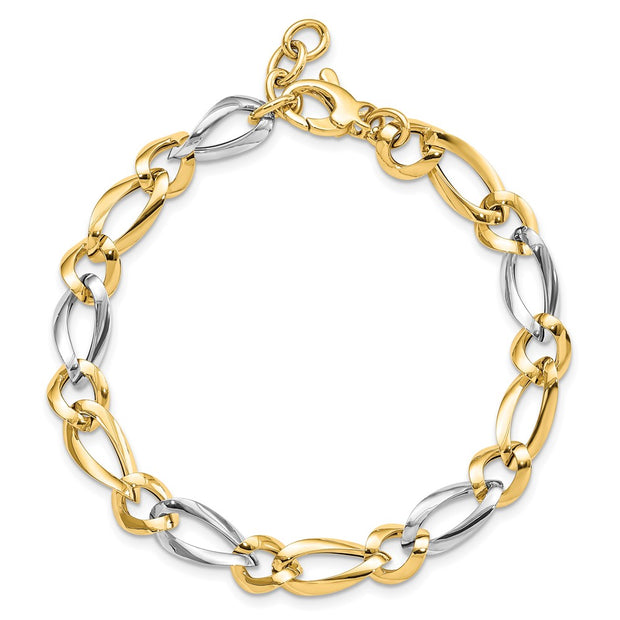 14k Two-Tone Polished 7.3mm Fancy Oval and Round Link Bracelet