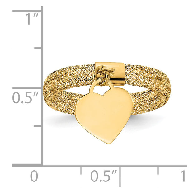 14K 4mm Woven Mesh with Polished Heart Charm Stretch Ring