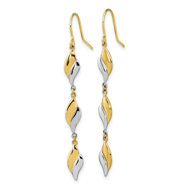 14K Two-tone Polished Wavy Dangle Shepherd Hook Earrings