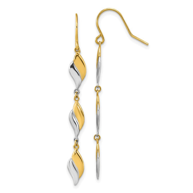 14K Two-tone Polished Wavy Dangle Shepherd Hook Earrings